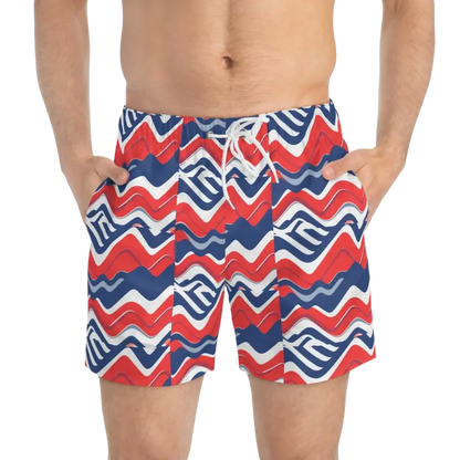 Men’s Red White Blue Patterned Swim Trunks showcasing vibrant summer fashion