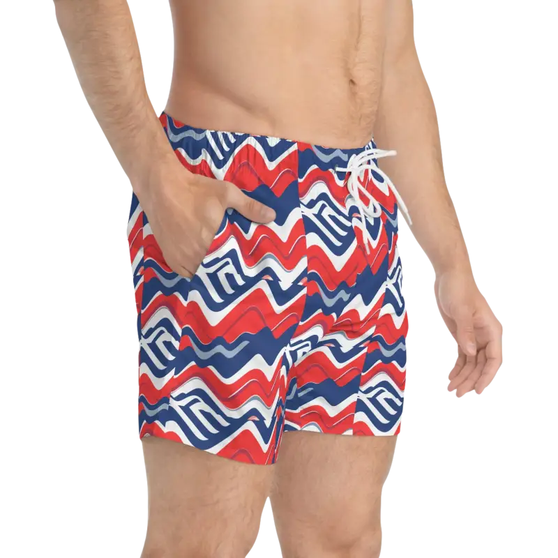 Men’s Red White Blue Patterned Swim Trunks with vibrant designs for summer wear