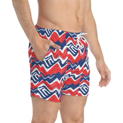 Men’s Red White Blue Patterned Swim Trunks with vibrant designs for summer wear