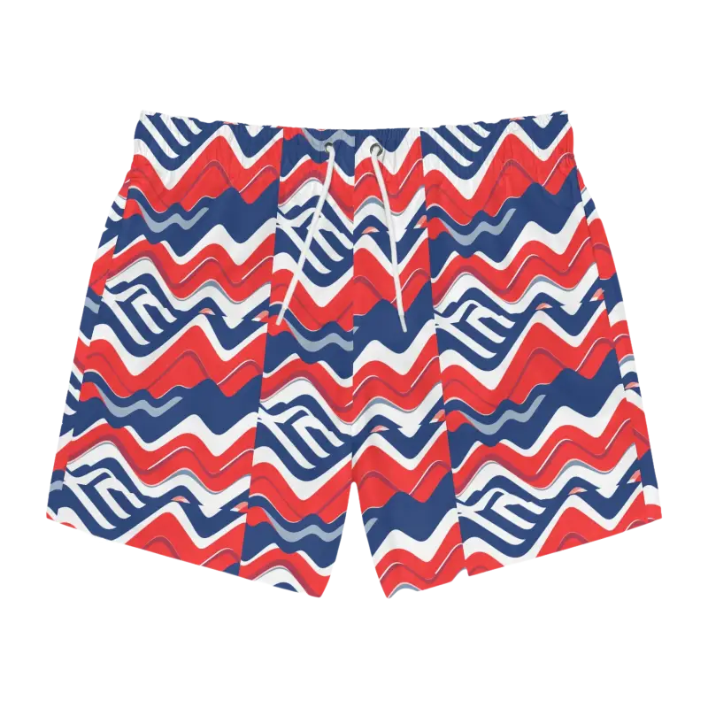 Men’s Red White Blue Patterned Swim Trunks featuring a vibrant patriotic design