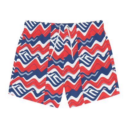 Men’s Red White Blue Patterned Swim Trunks featuring a vibrant patriotic design