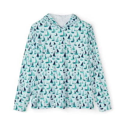 Long-sleeved hooded shirt featuring nautical sailboat pattern for men’s sports wear