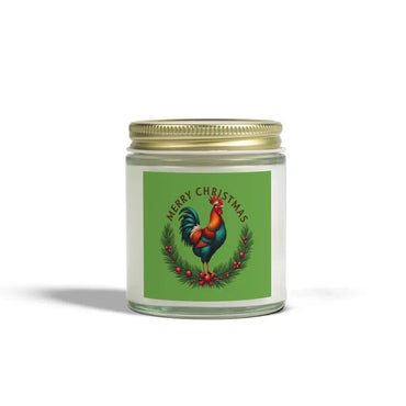 Merry Christmas Chicken Candle made of coconut apricot wax featuring a festive rooster design