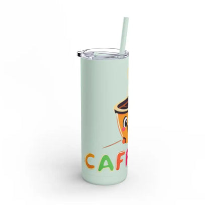 Mint-colored tumbler featuring coffee cup cartoon design for insulated beverage enjoyment