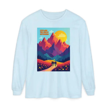 Light blue long-sleeved shirt featuring a mountain graphic, part of Mountain Graphic Long Sleeve Shirt Collection