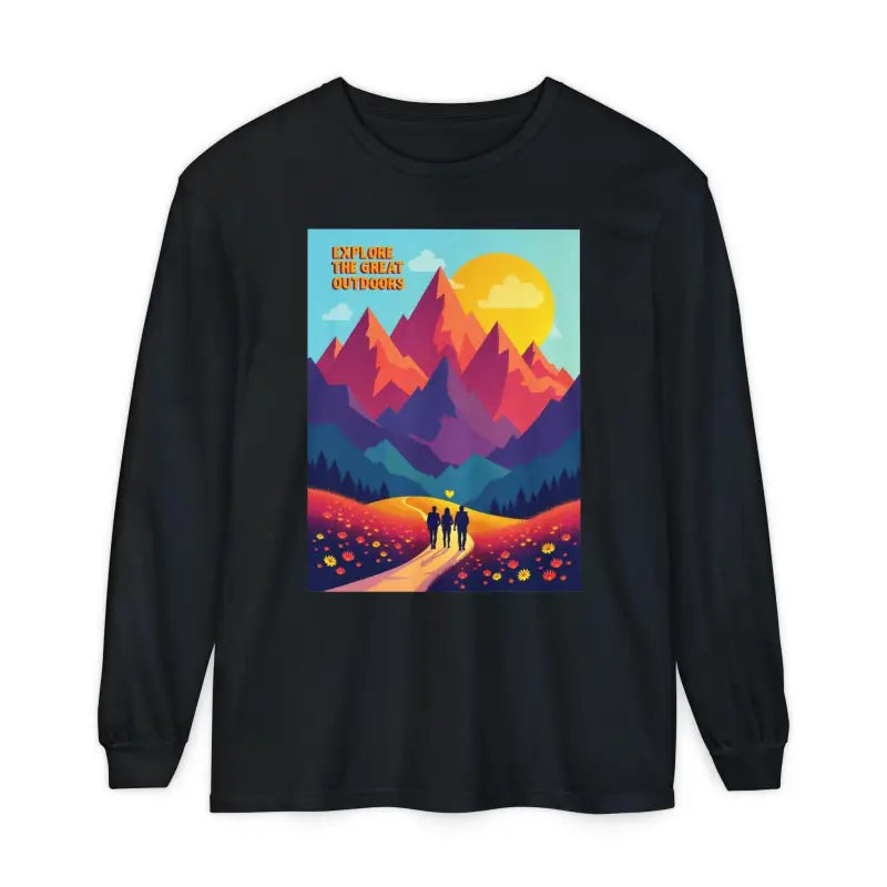 Black long-sleeved shirt featuring a mountain graphic from the Mountain Graphic Long Sleeve Shirt Collection