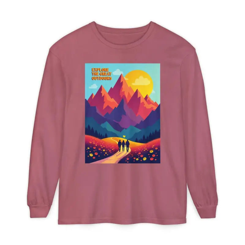 Mauve long-sleeved shirt featuring mountain graphic from Mountain Graphic Long Sleeve Shirt Collection