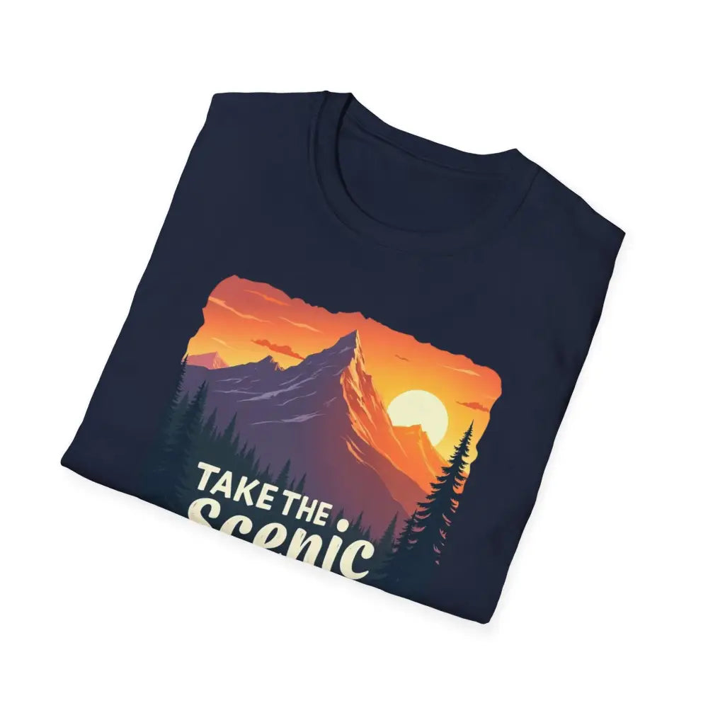 Folded navy t-shirt featuring a mountain graphic from Mountain Graphic Scenic Route T Shirt