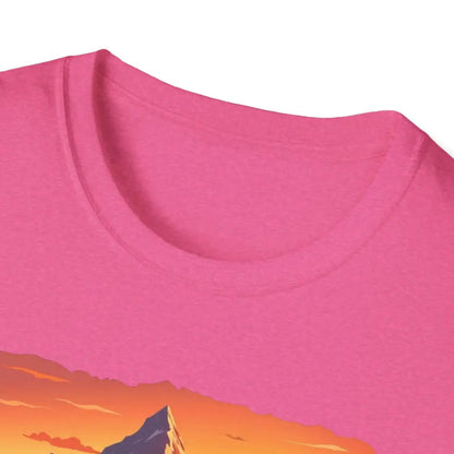 Close-up of the neckline of a Pink Mountain Graphic Scenic Route T Shirt