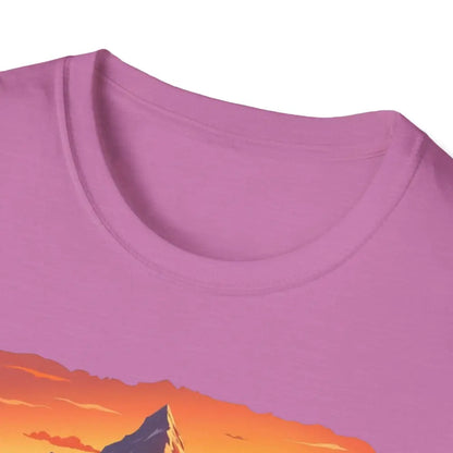 Pink Mountain Graphic Scenic Route T Shirt featuring a mountain design for outdoor enthusiasts