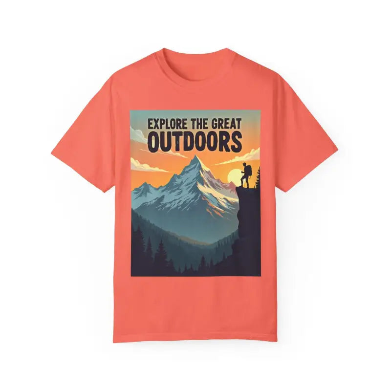 Coral t-shirt featuring mountain graphic for outdoor enthusiasts and adventure lovers