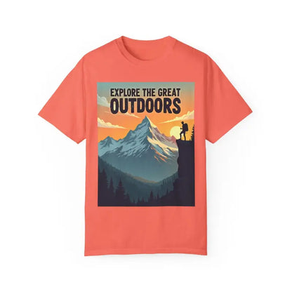 Coral t-shirt featuring mountain graphic for outdoor enthusiasts and adventure lovers