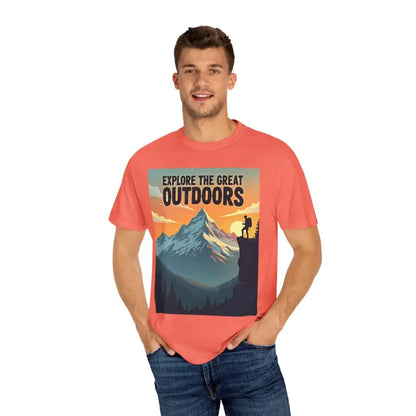 Man showcasing Mountain Graphic T Shirt designed for Outdoor Enthusiasts