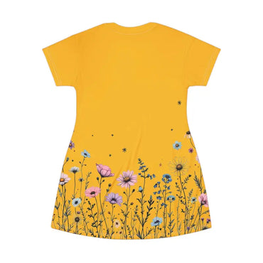 Mustard Yellow Floral T Shirt Dress featuring a vibrant floral design for casual wear