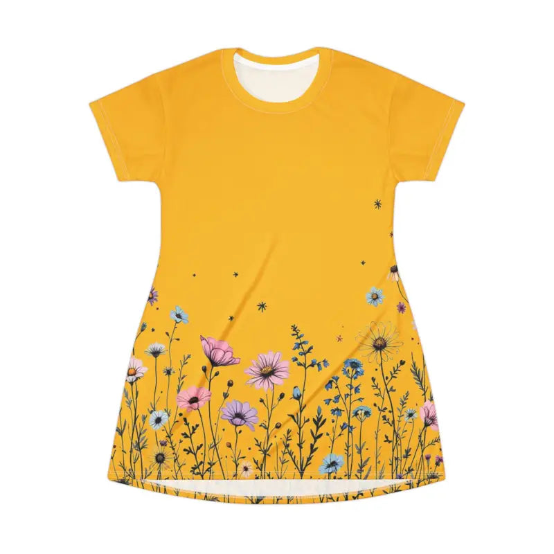 Mustard Yellow Floral T Shirt Dress featuring a vibrant yellow floral print