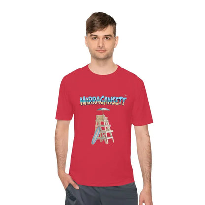 Red t-shirt featuring a lifeguard tower graphic from Narragansett Beach collection