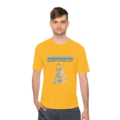 Yellow unisex moisture-wicking t-shirt featuring a Lifeguard Tower graphic from Narragansett Beach