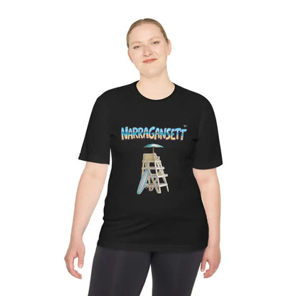 Black moisture-wicking t-shirt featuring a lifeguard chair graphic for Narragansett Beach