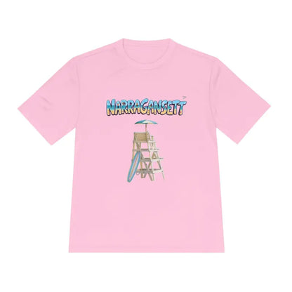 Pink t-shirt featuring a lifeguard tower graphic from Narragansett Beach collection