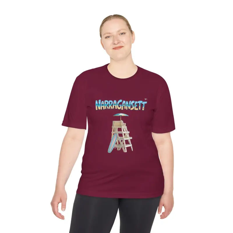 Maroon Narragansett Beach Lifeguard Unisex Moisture Wicking T-Shirt on display