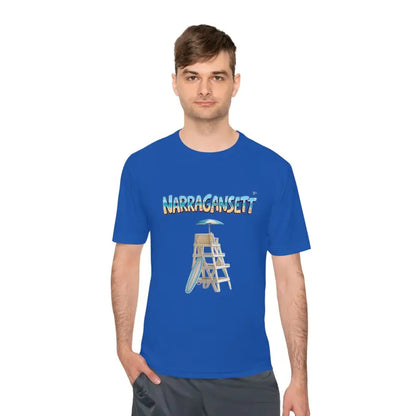 Blue moisture-wicking t-shirt featuring lifeguard chair graphic for Narragansett Beach