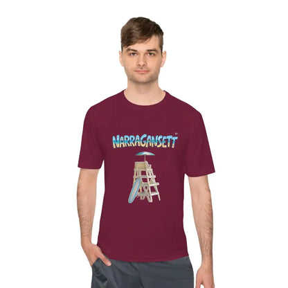Burgundy Narragansett Beach Lifeguard Unisex Moisture Wicking T Shirt displayed