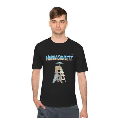 Black unisex moisture-wicking t-shirt featuring a lifeguard chair graphic for Narragansett Beach