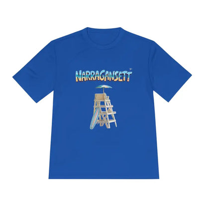 Blue Narragansett Beach Lifeguard T-shirt featuring a beach-themed graphic design