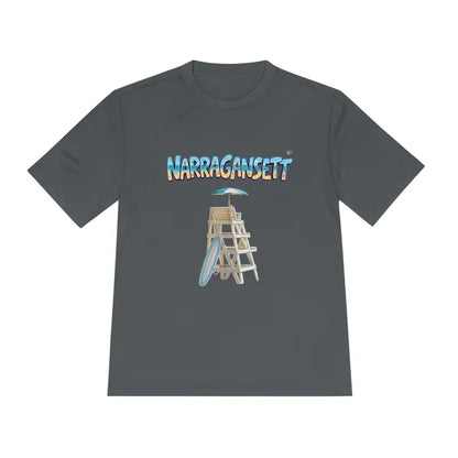 Gray t-shirt featuring a beach scene from Narragansett Beach Lifeguard design