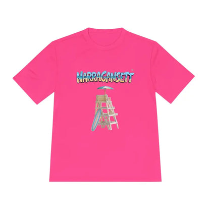Pink Narragansett Beach Lifeguard Unisex T-Shirt featuring a vibrant beach scene
