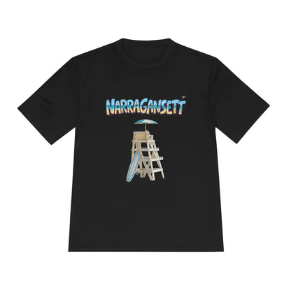 Black t-shirt featuring a beach-themed graphic from Narragansett Beach Lifeguard collection