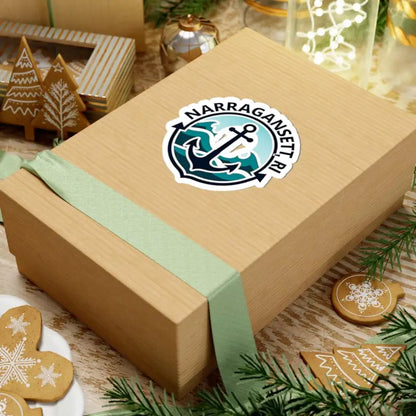 Tan gift box with green ribbon for Narragansett Nautical Anchor Sticker packaging