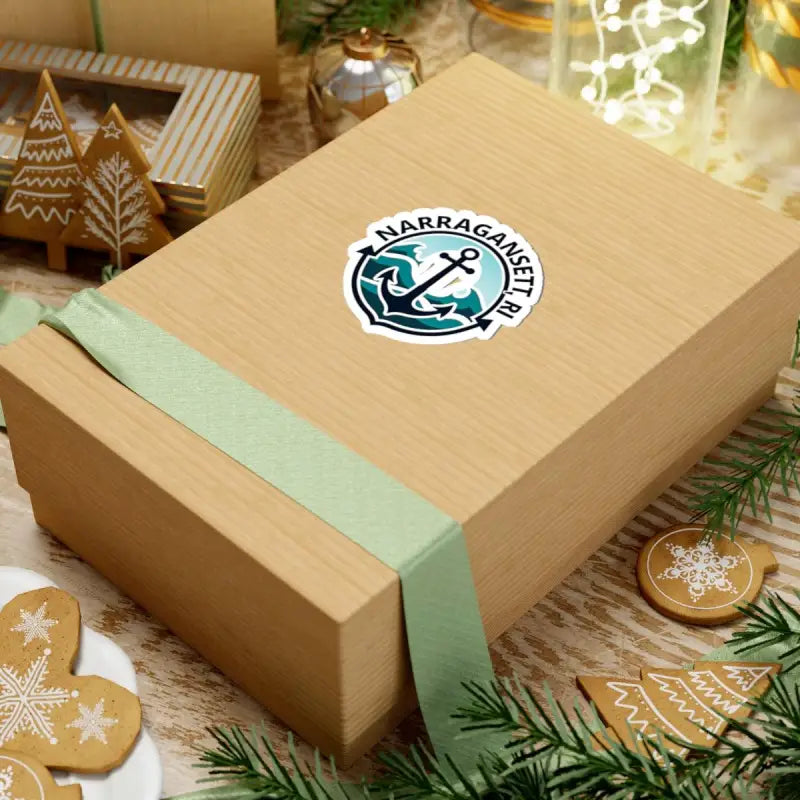 Wrapped gift box featuring the Narragansett Nautical Anchor Sticker design