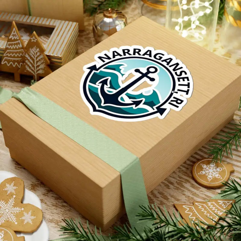 Wrapped gift box featuring Narragansett Nautical Anchor Sticker as the perfect present