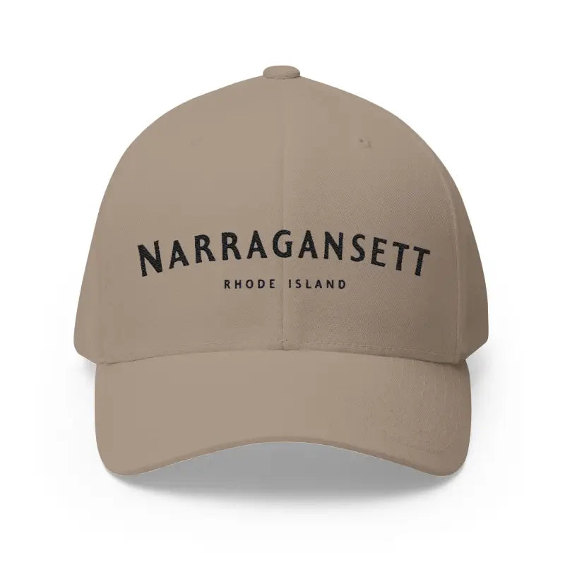 Khaki baseball cap featuring Narragansett Rhode Island embroidery for stylish attire