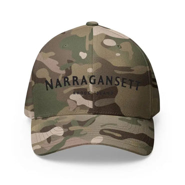 Camouflage baseball cap featuring Narragansett Rhode Island embroidered design