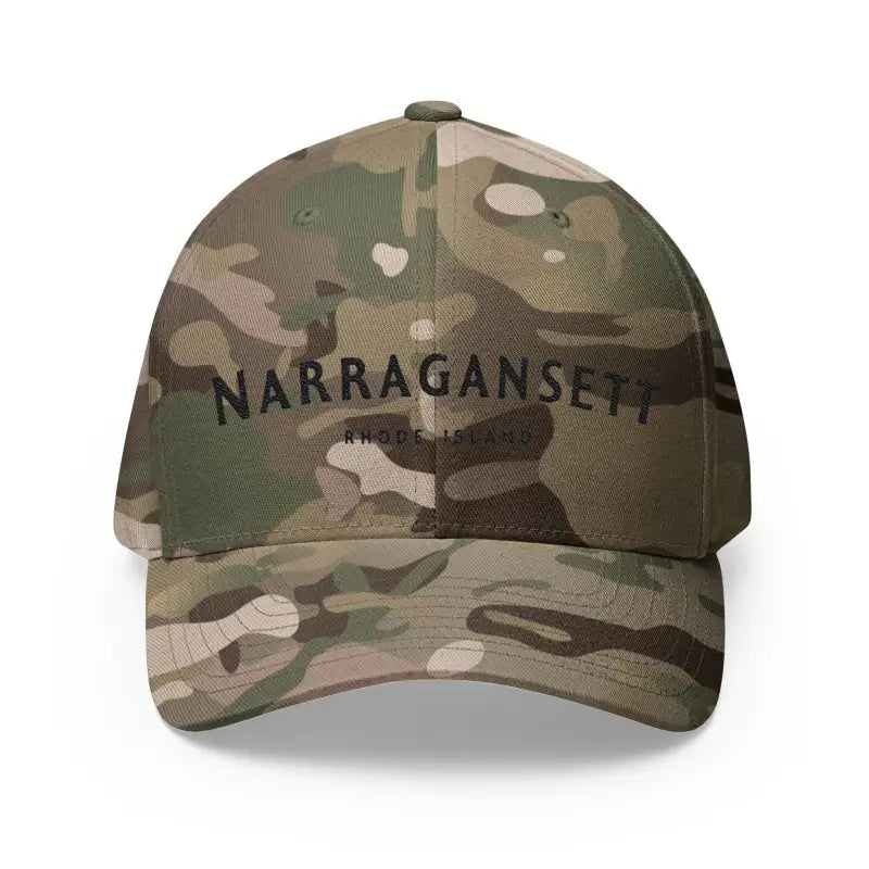 Camouflage baseball cap featuring Narragansett Rhode Island embroidered design