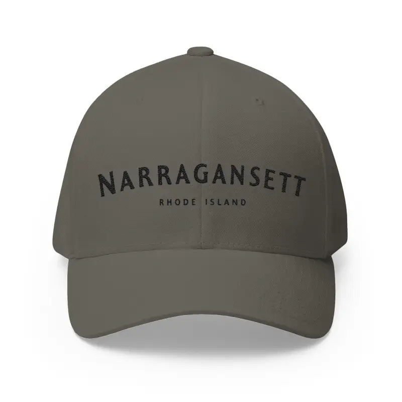 Gray baseball cap featuring Narragansett Rhode Island embroidered design, stylish hat