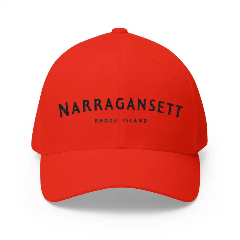 Red baseball cap featuring Narragansett Rhode Island embroidery for stylish headwear