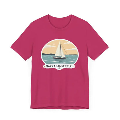 Magenta Narragansett Sailing Tee featuring a sailboat graphic on a unisex short sleeve shirt