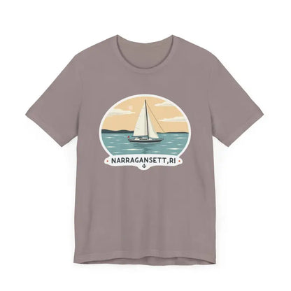 Mauve unisex short sleeve Narragansett Sailing Tee with sailboat graphic design