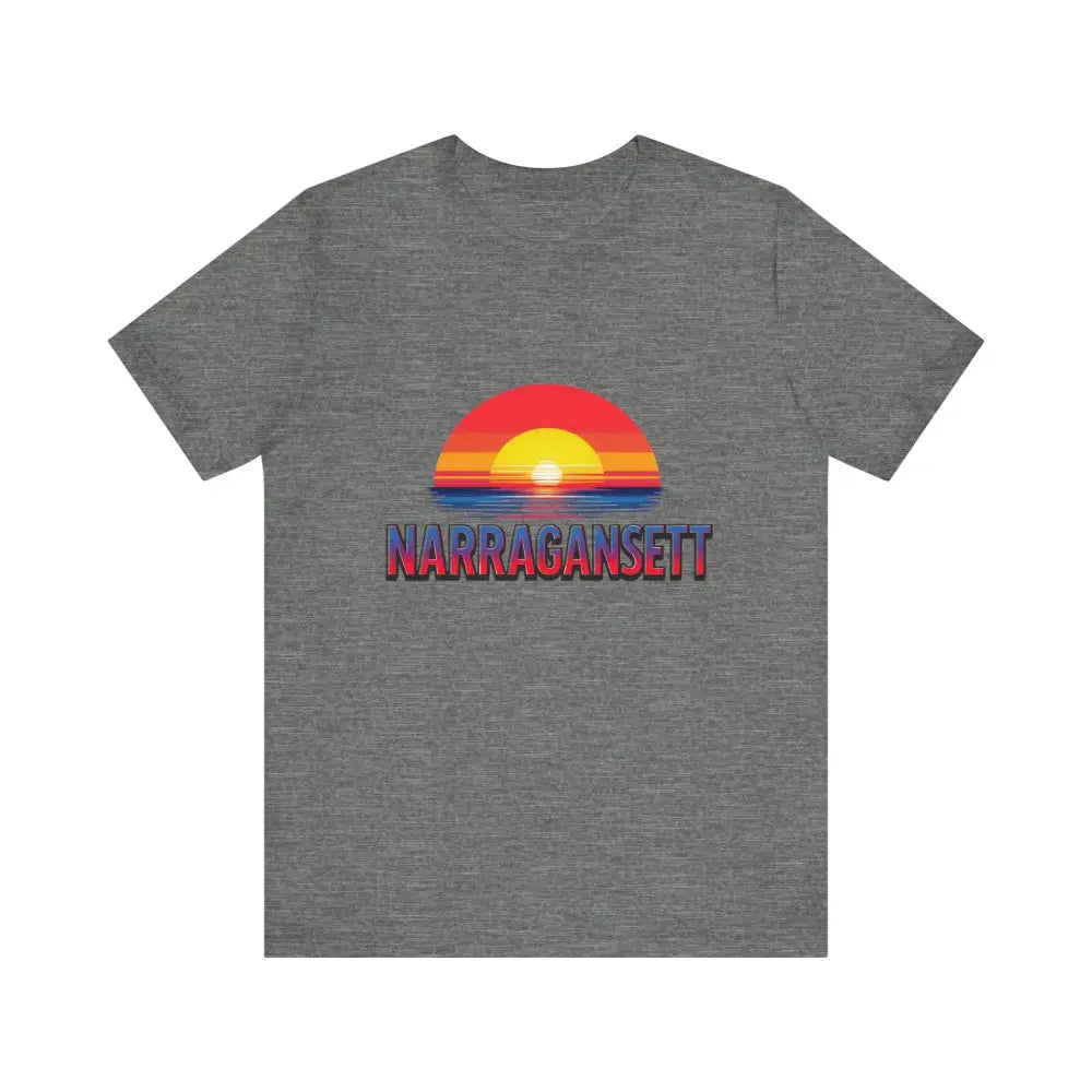 Gray t-shirt featuring a sunset graphic from the Narragansett Sunset Unisex Jersey Tee