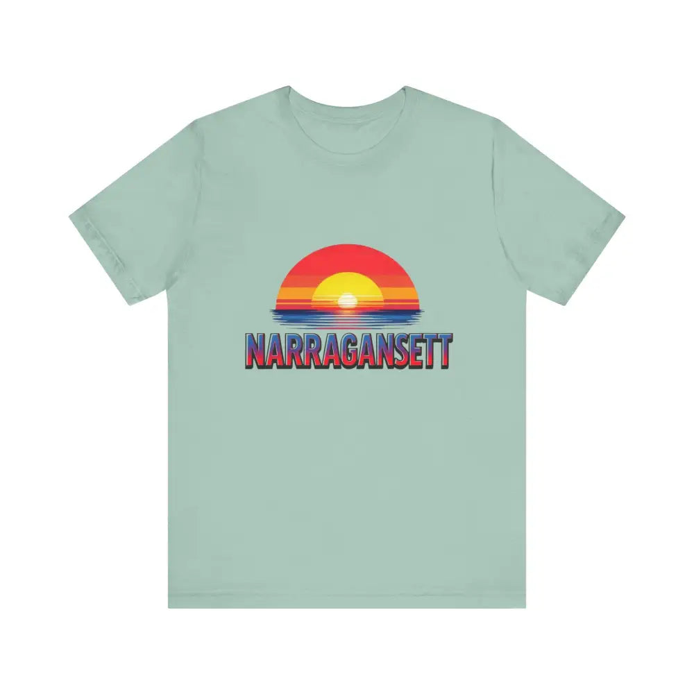 Light green Narragansett Sunset Unisex Jersey Tee displayed on a neutral background