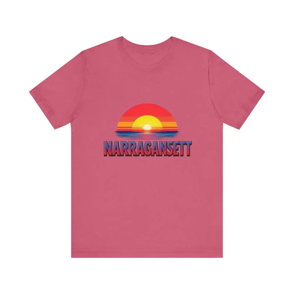 Pink t-shirt featuring sunset graphic, Narragansett Sunset Unisex Jersey Tee