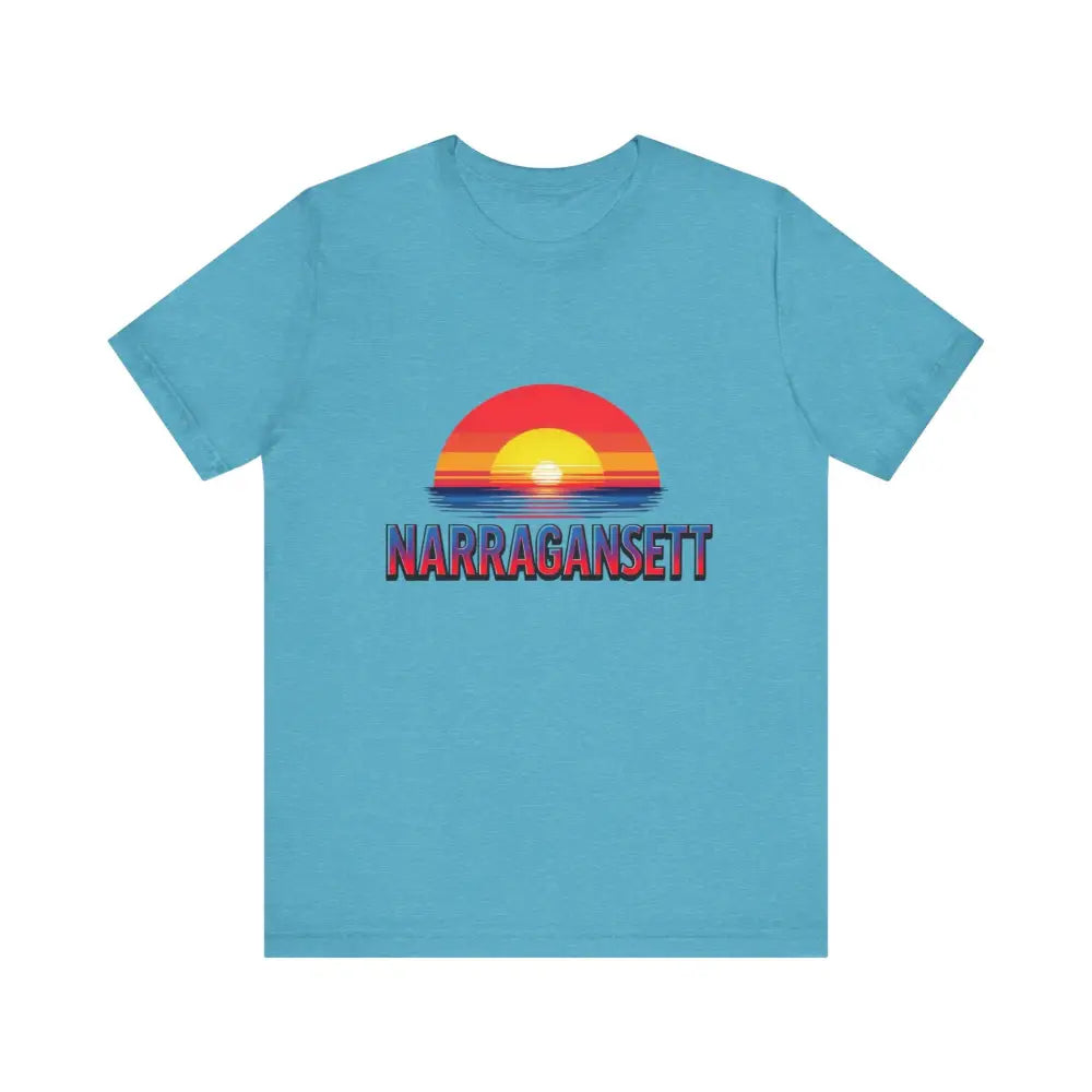 Light blue Narragansett Sunset Unisex Jersey Tee displayed on a neutral background