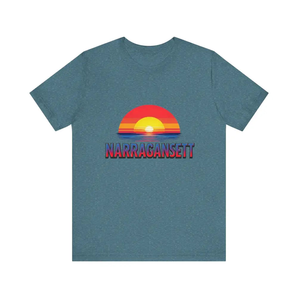 Blue t-shirt with sunset graphic from the Narragansett Sunset Unisex Jersey Tee collection