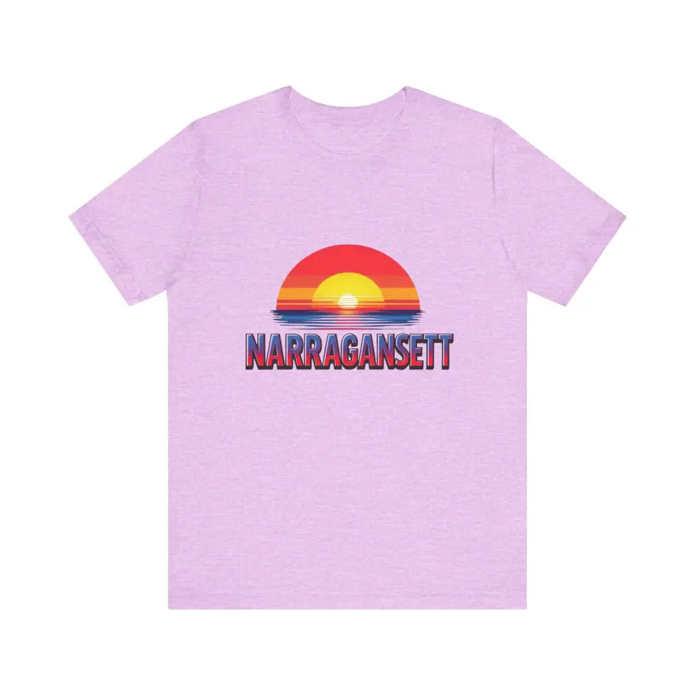 Lilac t-shirt featuring a sunset graphic from the Narragansett Sunset Unisex Jersey Tee