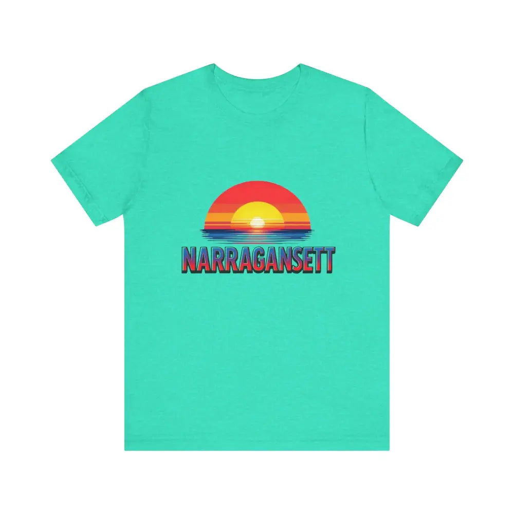 Turquoise t-shirt featuring a sunset graphic from the Narragansett Sunset Unisex Jersey Tee
