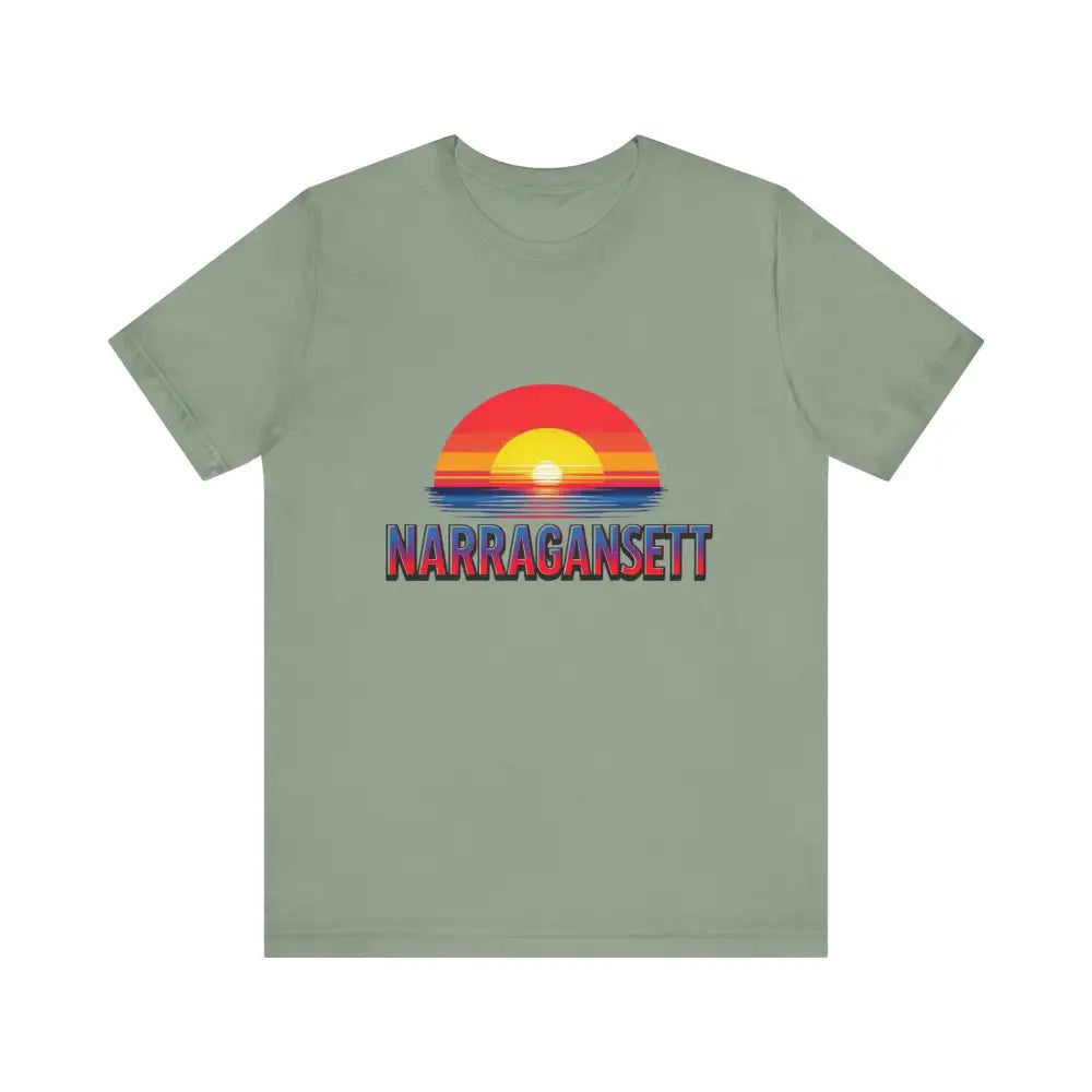 Sage green Narragansett Sunset Unisex Jersey Tee for casual and stylish wear
