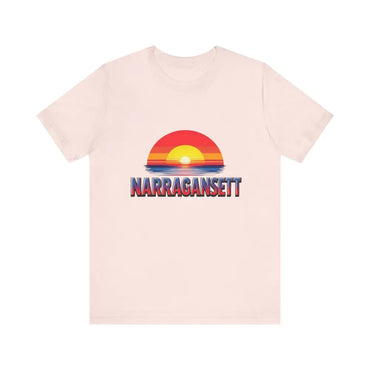 Narragansett Sunset Unisex Jersey Tee showcasing a vibrant sunset design